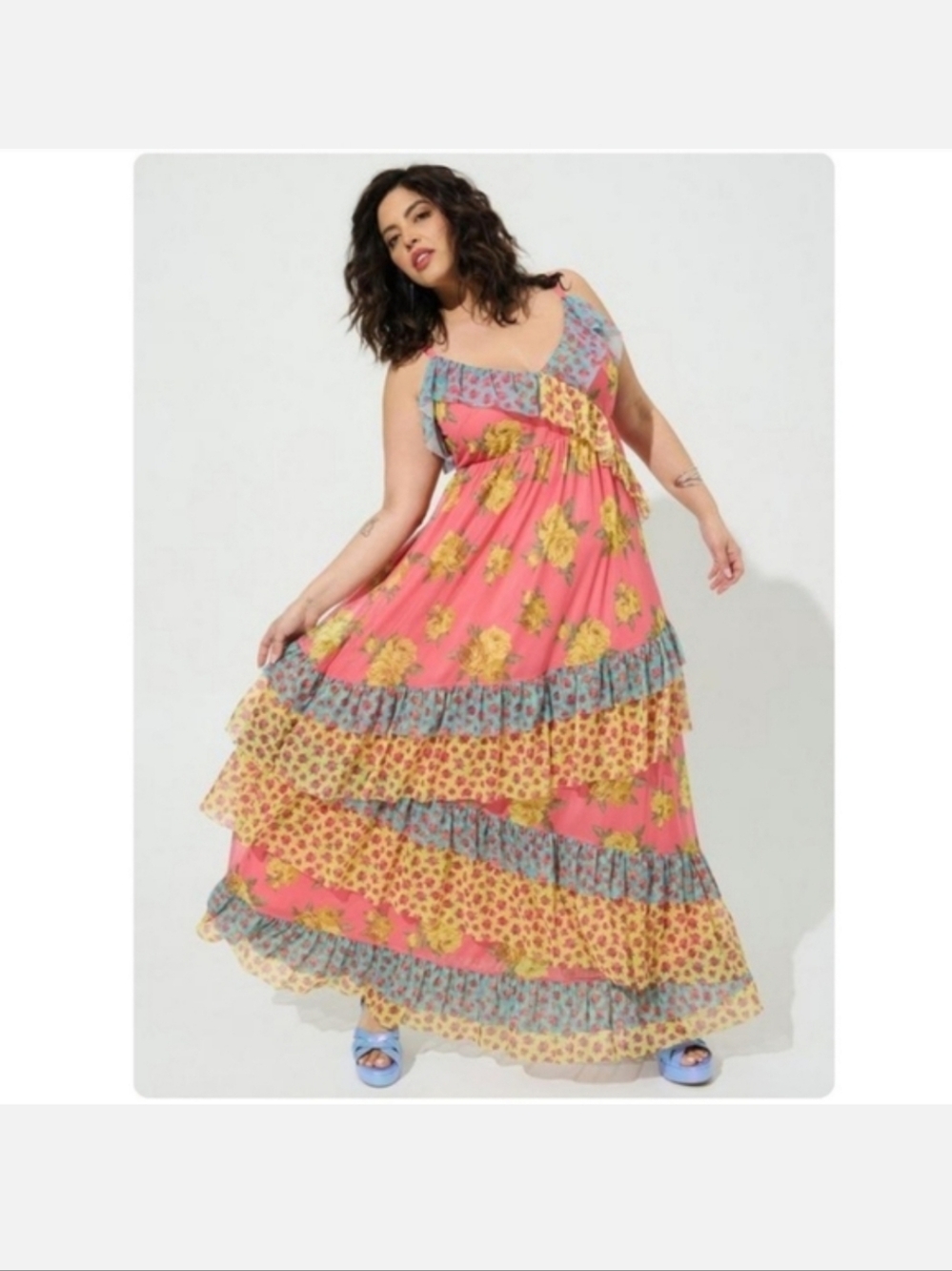 torrid Coral and Yellow Floral Tiered Maxi Dress